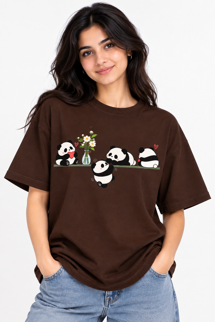 ANIBA FASHION Panda Love Womens T-Shirt (S, Chocolate Brown)