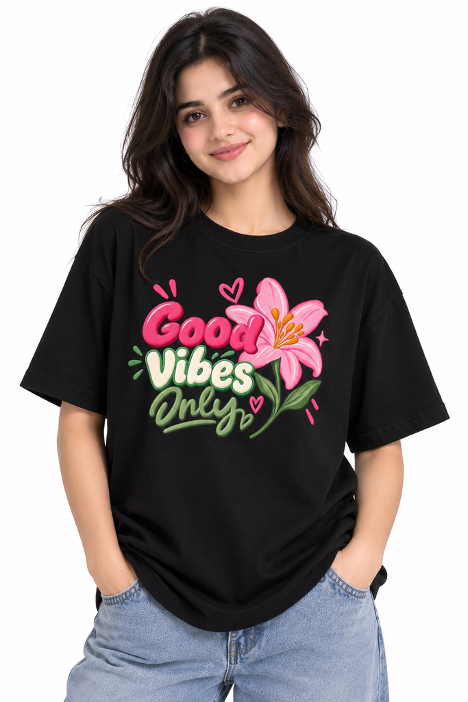 ANIBA FASHION Good Vibes Only Printed Women Oversized T-Shirts (S, Black)